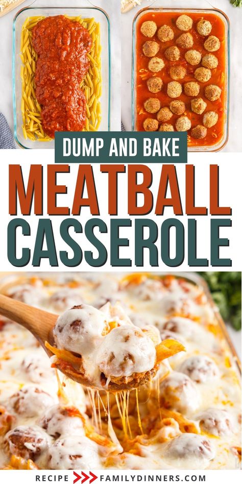 Easy dump and bake meatball casserole recipe made with frozen meatballs. Mix the ingredients in the baking dish, cover and bake. Meatball Quick Meals, Baked Spaghetti And Meatballs Recipe, Baked Pasta Meatballs, Baked Ziti Meatballs, Meatballs With Bowtie Pasta, Dump And Bake Pasta And Meatballs, Meatball And Bowtie Pasta Casserole, Meatball And Pasta Casserole, Meatball Recipes Casserole