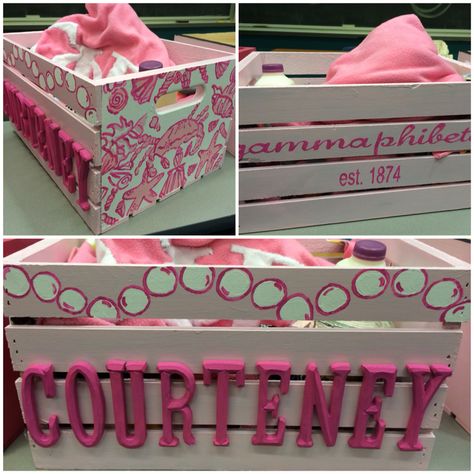 Crate I made for my little for big/little week! #gammaphibeta #lilyprint #ocean #pearls #pink #sorority #craft Pink Big Little Basket, Sorority Crate Ideas, Initiation Basket Sorority, Big Sorority Baskets, Sorority Initiation Basket, Pink Sorority, Big/little Baskets, Sigma Lambda Gamma, Greek Crafts