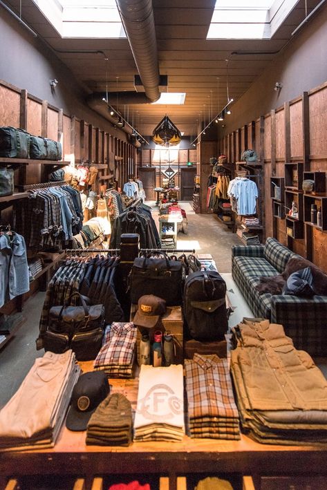 Men’s Retail Store, Apparel Store Interior, Clothing Shop Aesthetic, Vintage Store Ideas, Retail Store Layout, Military Surplus Store, Shoe Store Design, Clothing Store Design, Leather Store