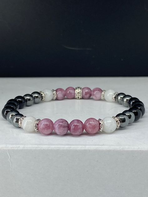 Lepidolite Hematite Black Tourmaline Moonstone Bracelet | Etsy Diy Black Beaded Bracelets, Shambala Bracelet, Beaded Wristlet, Semi Precious Stone Bracelet, Crystal Bead Jewelry, Healing Gemstone Bracelets, Reading Pa, Diy Bracelet Designs, Beads Bracelet Design