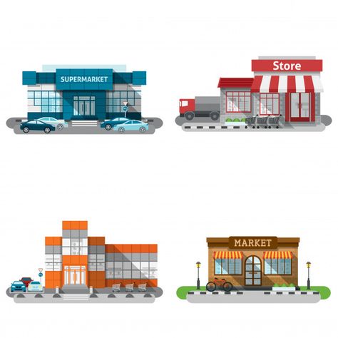 Shop buildings icons set Free Vector | Free Vector #Freepik #freevector #business Minecraft Supermarket, Building Icon, Contemporary Building, Infographic Poster, Commercial Complex, Shop Buildings, Modern Metropolis, Skyline Design, Building Concept