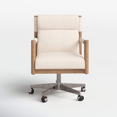 Wide channels add extra comfort to a structured desk chair of soft upholstery, with a 360-degree swivel made for the modern office. | Joss & Main Finn Conference Chair 34.0 H x 22.0 W x 27.0 D in brown / pink / whiteWood / Upholstered in Cream / Flax | 34" H X 22" W X 27" D | Wayfair Linen Desk Chair, Coastal Office Chairs, Nice Desk Chair, Coastal Office Chair, Aesthetic Office Chair, Classy Home Office, Cream Office Chair, Apt Aesthetic, Mm Furniture