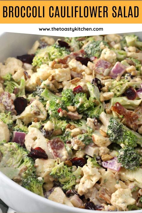 Broccoli cauliflower salad is a cold salad recipe that's perfect for summer parties and potlucks. Broccoli and cauliflower are tossed with bacon and onion in a simple homemade dressing and chilled until ready to serve. #potlucksides #summersides #broccolisalad #cauliflowersalad #coldsidedish #picnicsides Salad With Broccoli And Cauliflower, Broccoli And Cauliflower Salad Recipes, Cauliflower And Broccoli Salad, Cold Cauliflower Salad, Cauliflower Salad Recipes, Cauliflower Broccoli Salad, Broccoli And Cauliflower Salad, Cold Broccoli Salad Recipes, Cauliflower Salad Recipes Cold