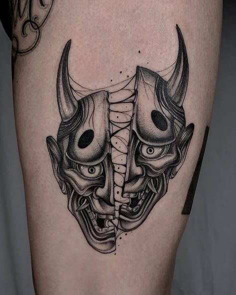 Three Faces Tattoo, 3 Faces Tattoo, Faces Tattoo, Hannya Maske, Oni Maske, Japanese Mask Tattoo, Herren Hand Tattoos, Oni Mask Tattoo, Oni Tattoo