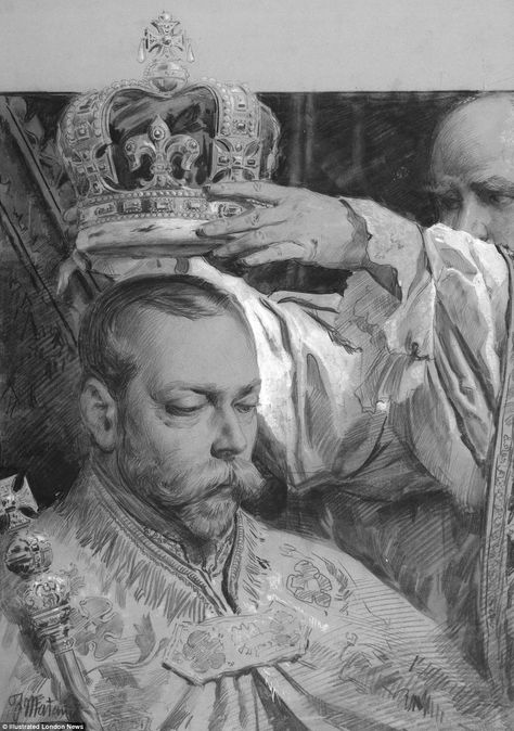 George V is crowned on June 22, 1911, by the Archbishop of Canterbury. Drawn by Fortunino Matania. Hand On Bible, Fortunino Matania, Being Crowned, Queens Wedding, Random Drawings, King George V, Head And Shoulders, The Coronation, Art Pencils