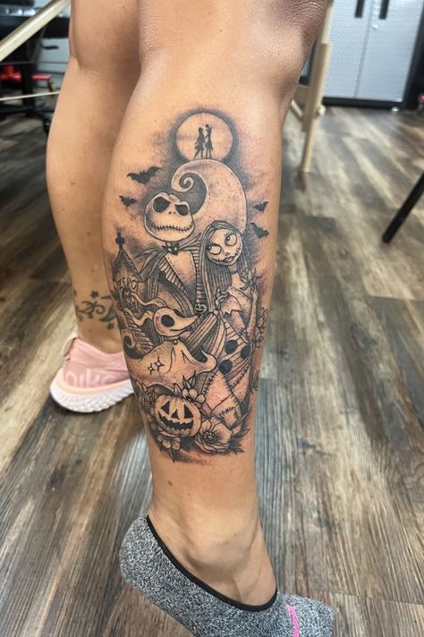 Small Jack And Sally Tattoo Ideas, Jake And Sally Tattoos, Tim Burton Leg Tattoo, Jack And Sally Tattoo Ideas, Jack Skellington Tattoo Ideas, Jack And Sally Tattoo Couple, Sally Nightmare Before Christmas Tattoo, Nightmare Before Christmas Tattoo Design, Jack Skeleton Tattoo