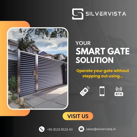 🚀 Elevate your home's security and convenience with Silvervista's Smart Gate Solution! 🚪🔒  Experience the ultimate in modern gate automation!  ✨ Visit us to learn more and transform your entrance today! ✨  📞 +91 8115 8115 43 📧 sales@silvervista.in  #SmartGate #HomeAutomation #GateAutomation #Silvervista #SmartHome #Security #Convenience #Innovation #ModernLiving #TechSolutions #HomeImprovement #SmartLiving Gate Automation, Facebook Post Design, Modern Gate, Metal Gates, Smart Home Automation, Smart Living, Design Posters, Gate Design, Home Automation