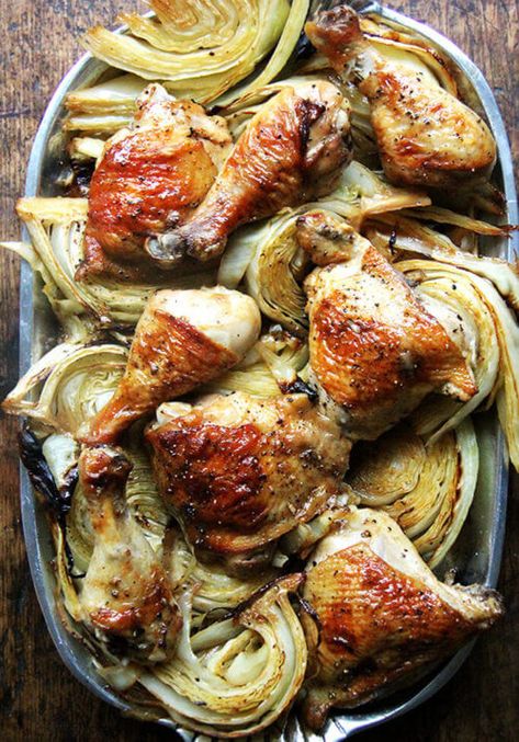 This is one of my all-time favorite sheet pan suppers: chicken and cabbage. The chicken and cabbage are tossed with a mix of sesame oil, soy sauce, rice vinegar, coconut oil and Sriracha. The chicken gets golden and crisp; the cabbage gets caramelized and sweet... it's all so good. #sheetpansupper #chicken #chickendinner #cabbage Sheet Pan Suppers Chicken, Chicken With Cabbage, Soy Dressing, Soy Sauce Rice, Pan Roast, Chicken Cabbage, Cabbage Steaks, Chicken And Cabbage, Sheet Pan Suppers