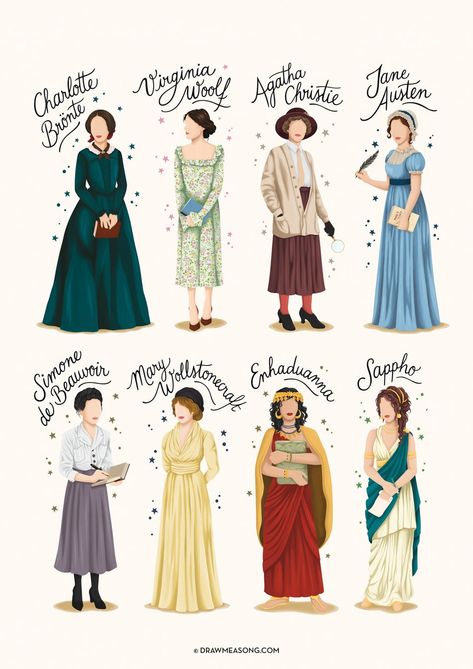 Women Of Literature, Jane Austen Illustration, Women In Literature, Literature Aesthetic, Dessin Game Of Thrones, Female Authors, Literature Posters, Deep Wisdom, Mary Wollstonecraft