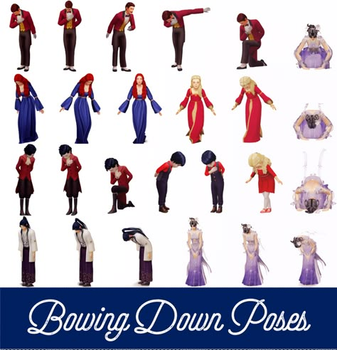 Bowing Down Poses: | Atashi77 on Patreon Bow Down Pose Reference, Sims 4 Stories, Royalty Dress, Sims 4 Cheats, Sims Stories, Sims 4 Family, Bow Pose, Sims 4 Toddler, Don Juan