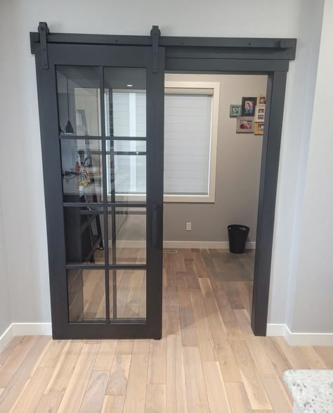 Twist on an office door set up from two swing doors to one stationary sidelight and a barndoor installed this past week! Before photo at the end! #woodwork #hgtv #modernrustic #build #create #design #home #house #interiordesign #yyc #yeg #ymm #barndoor Home Office Barn Door, Doors For Office Room, Double Office Doors, Office With Barn Door, Office Door Ideas, Office Doors For Home, Home Office Door Ideas, Interesting Doorways, Interior Doors Stained