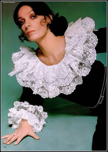 French singer/actress Marie Laforet in black velvet dress with ruffled lace collar and cuffs by Chanel, photo by Rodolphe Haussaire, 1974 1974 Fashion, Marie Laforet, 1970s Vintage Fashion, 70 Fashion, Fashion 1970s, 60s 70s Fashion, Fashion 70s, Chanel Style, Seventies Fashion