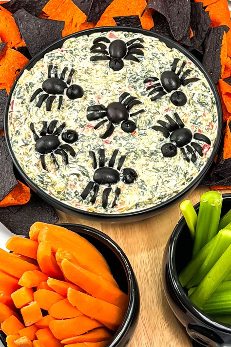 Spooky Spinach Dip, Halloween Spinach Artichoke Dip, Spooky Dips For Halloween, Hummus Halloween, Halloween Spinach Dip, Halloween Veggie Tray Ideas, Spider Web Dip, Halloween Dip, Halloween Appetizer