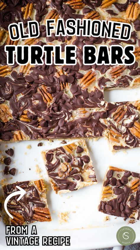 turtle bars in baking dish with sliced squares Valerie Bertinelli Recipes Desserts, Turtle Magic Bars, Turtle Fudge Recipe, Turtle Bars Recipe, Turtle Cookie Bars, Bar Treats, Turtle Bars, Christmas Cookie Recipes Holiday, Bar Desserts