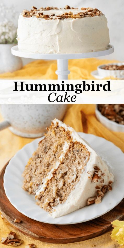 If you're looking for a cake with major wow factor, this is the one. This hummingbird cake recipe makes an ultra-moist cake packed with tropical flavors and topped with an addictive cream cheese frosting and pecans. The presentation is beautiful but the taste keeps everyone coming back for more! Hummingbird Cake Recipe, Cake Flavours, Hummingbird Cake Recipes, Popular Desserts Recipes, Most Popular Desserts, Hummingbird Cake, Moist Cake, Decadent Cakes, Sweet Pie