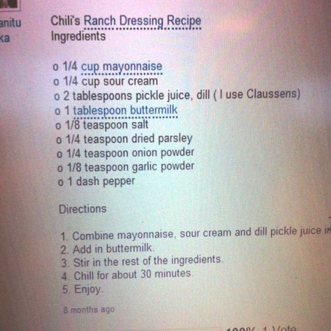 Chili's ranch dressing Chili’s Ranch Dressing Recipe, Chilis Ranch Dressing Recipe Copycat, Chilis Copycat Ranch Dressing, Chili's Ancho Ranch Dressing, Chili's Ancho Chile Ranch Sauce, Copycat Chilis Ranch, Chilis Ranch Dressing Recipe, Chilis Ranch, Red Robin Ranch Dressing Recipe