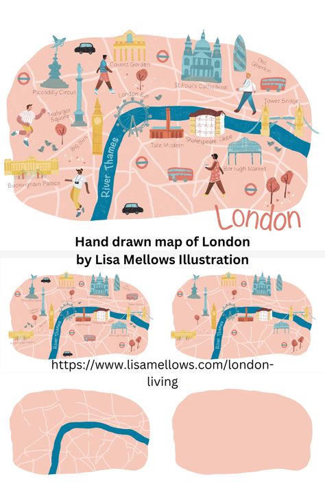 Fun Hand drawn map of London- favourite tourists hotspots of London- London Icons- visit London- London map- quirky map illustration- illustrated map Map Illustration Design, Town Map Illustration, Tourist Illustration, Word Mapping, Map Graphic Design, Map Illustration, Map Art Illustration, Maps Illustration Design, Whimsical Map