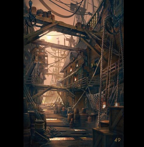 The Art of Eddie Mendoza Eddie Mendoza, Dock Art, Pirate Stuff, Steampunk Artwork, The Gold Rush, Floating City, Abandoned Ships, Open World, Cyberpunk City