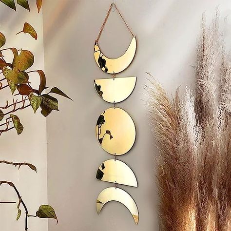 RelatoHolife Moon Phase Mirror Acrylic Gold 87cm Boho Wall Decor Bohemian Wall Moon Hanging Decoration Interior Design Moon Cycle Wall Decor for Bedroom Living Room(Gold) Wall Mirrors Ideas, Goddess Bedroom, Boho Aesthetic Room, Entry Nook, Mint Green Bedroom, Dorm Items, Guest Room Inspiration, Mirrors Ideas, Aesthetic Room Decor Ideas