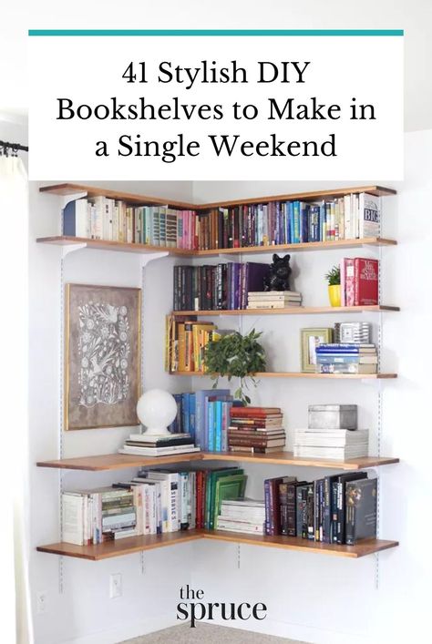 DIY bookshelves can add character and functional storage to your space with a simple project. Discover DIY bookshelf ideas to try at home like this corner bookshelf idea by A Beautiful Mess.#diybookshelf #diyhomedecor  #homedecorideas #remodeltips #renovationideas #thespruce Diy Whole Wall Bookshelf, Wall Shelves For Craft Room, Diy Wall Shelves For Books, Bookshelf By Tv, Corner Bookshelf Diy, Diy Floating Bookshelves, Bookshelf Ideas Aesthetic, Diy Corner Bookshelf, Diy Bookshelf Easy Cheap