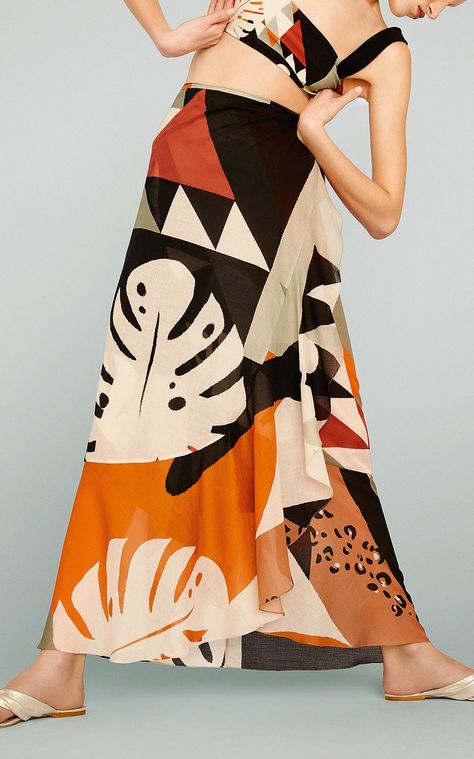 Tropiques Pareo Long Skirt with Ruffles by ADRIANA DEGREAS for Preorder on Moda Operandi Pareo Skirt, Swimwear 2024, Skirt With Ruffles, San Tropez, Adriana Degreas, Abaya Fashion, Couture Collection, Tropical Print, Fashion Classy