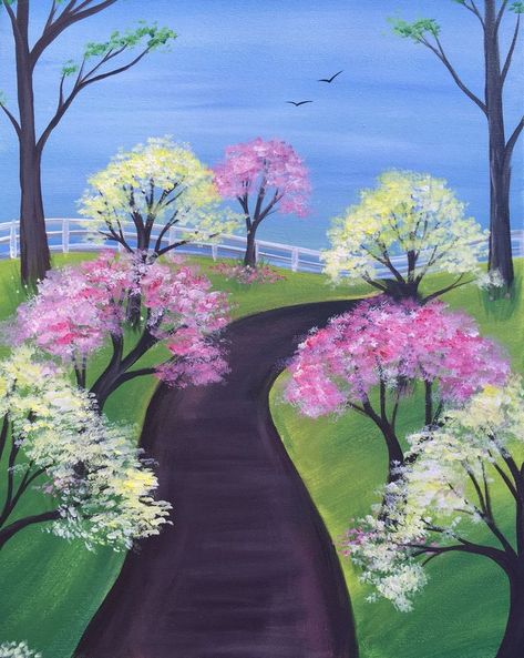 welcome to spring watewr paintng Drawing For Spring, Spring Time Drawings, Easy Spring Canvas Painting, Spring Paintings Easy, Spring Acrylic Paintings Easy, Spring Drawings Ideas, Spring Landscape Drawing, Spring Drawings Ideas Art, Spring Drawing Easy