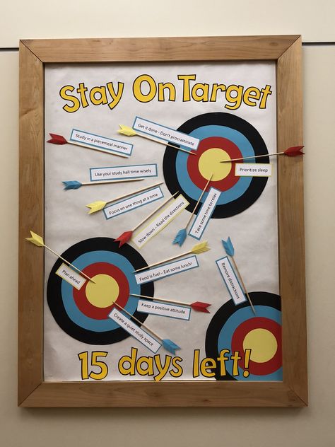 Stay on Target! End of year bulletin board with study skills Bulletin Board Work Offices, Tagboard Decoration Ideas, Inspirational Bulletin Boards For Middle School, Stay On Target Bulletin Board, Work Poster Board Ideas, Safety Bulletin Board Ideas Work, Study Habits Bulletin Board, Form Board Ideas, Grade 3 Bulletin Boards Ideas