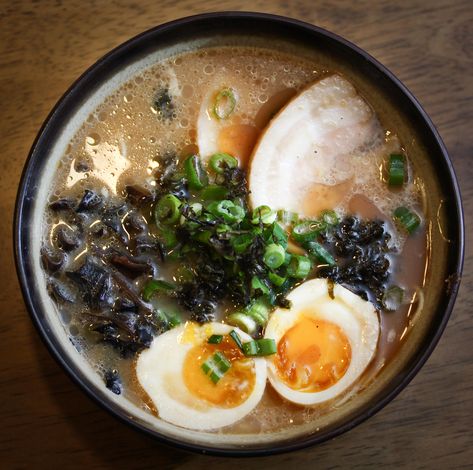 [Homemade] Tonkatsu Ramen with Sous Vide Chashu Ajitsuke Tamago Wood Ear Mushrooms Nori Scallion and Mayu. Ajitsuke Tamago, Wood Ear Mushroom, Tonkatsu Ramen, Ear Mushroom, Mushroom Ramen, Delicious Cakes, January 27, Bakery Recipes, I Want To Eat