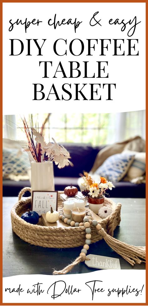 Woven Basket Centerpiece, Crochet Coffee Table Basket, Diy Basket Decor, Rope Twine Crafts, Rope Tray Decor, Jute Bowl Diy, Dollar Tree Coffee Table Decor, Jute Tray Diy, Diy Rope Tray