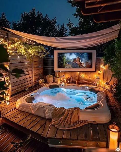 Garden Ideas Hot Tub, Secluded Hot Tub Ideas, Cold Tub Outdoor, Whirlpool Deck, Hot Tub Patio, Backyard Design Ideas, Hot Tub Deck, Hot Tub Backyard, Cozy Backyard