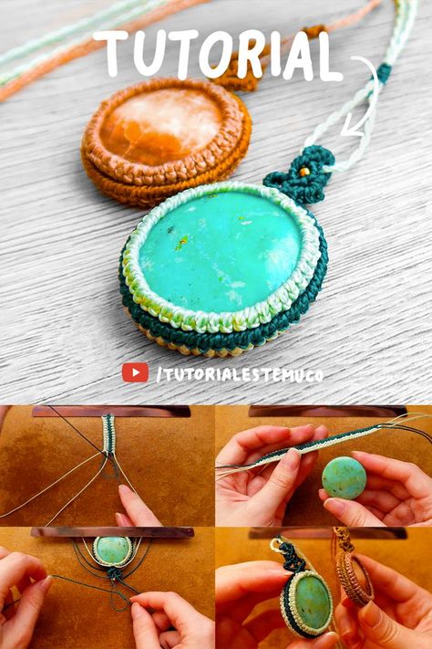 Imágenes con el tejido de un collar con piedras de colores celeste y café, se comparte el tutorial paso a paso. Wrapping Stones Macrame, Macrame Gemstone Necklace Diy, Macrame Cabochon Tutorial, Gemstone Macrame Tutorial, Macrame Necklace Tutorial Free Pattern, Macrame Stone Wrap, Stone Wrapping Macrame, Macrame Stone Wrapping Tutorial, Diy Macrame Necklace Tutorial