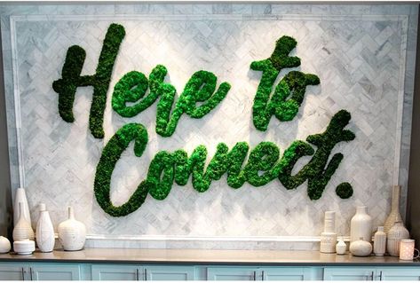 Gradient #moss lettering. A modern yet energizing way to showcase your brand purpose!⁠  #mossletters #tagline #sustainabledesign #plantdesign #naturaldesign #mossbranding #mossgradient #officeart #officedecor #lobbydecor #mossart Moss Letters, Moss Walls, Lobby Decor, Moss Decor, Grass Wall, Plants Home, Fake Grass, Moss Wall Art, Outdoor Living Design