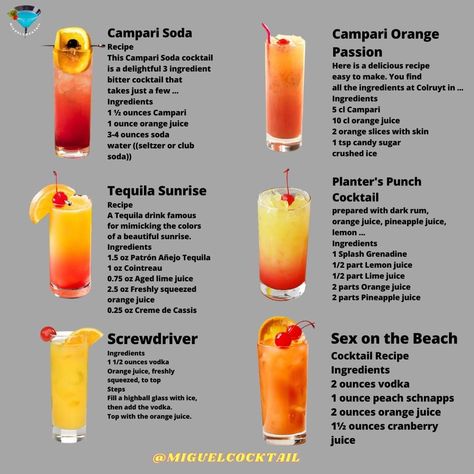 Mixed Drinks Alcohol Recipes, Tequila Sunrise Recipe, Bartender Drinks Recipes, Campari And Soda, Pretty Alcoholic Drinks, Alcholic Drinks, Cocktail Drinks Alcoholic, Orange Cocktails, Drink Recipes Nonalcoholic