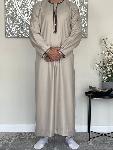 Premium Men’s Beige Omani Embroidered Thobe – AWRAH CLOTHING Jubbah Men, Thobes Men, Muslim Men Clothing, Open Sleeves, Muslim Men, Free Movement, Open Sleeve, Grey Beige, Kurta Designs