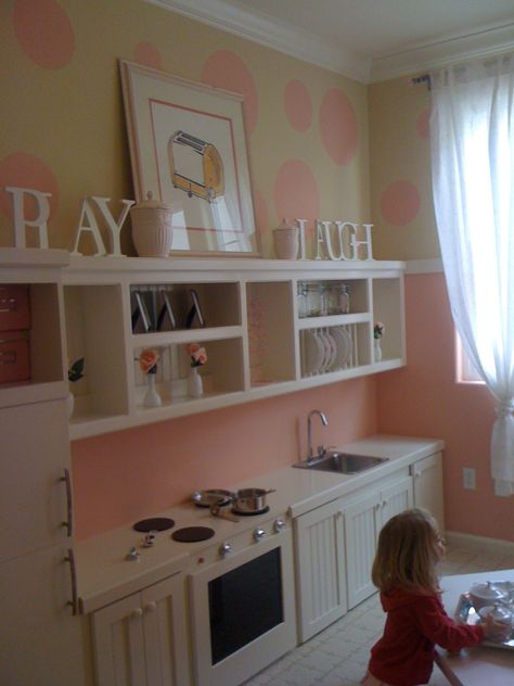 Adorable play room. But make it more neutral for my boy and girl Playroom Shelves, Diy Playroom, Basement Playroom, Play Kitchens, Girls Playroom, Diy Play Kitchen, Playroom Organization, Kids Play Area, Toy Rooms