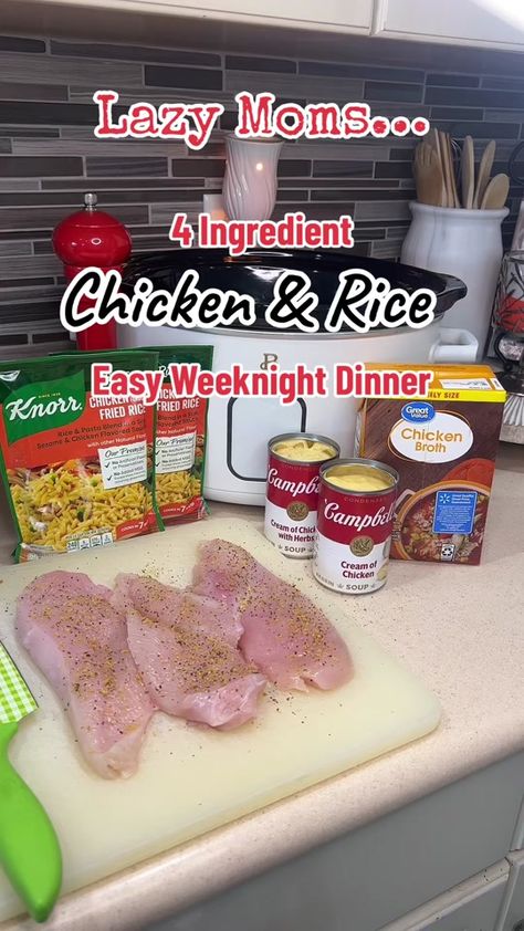 4 Ingredient Crockpot Chicken & Rice! This amazing Crockpot Link is i... | chicken and rice crockpot | TikTok Easy Chicken Rice Crockpot Recipes, Easy Cheap Chicken Crockpot Recipes, Knorr Rice And Chicken Bake Crockpot, Crockpot Chicken And Rice A Roni, Crock Pot Chicken And Knorr Rice, Rice A Roni Crockpot Chicken, Chicken And Wild Rice Crockpot, Chicken N Rice Crockpot, Chicken And Rice A Roni Crockpot