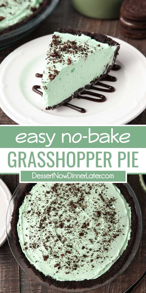 This Grasshopper Pie Recipe is completely no-bake with a minty cream cheese filling and Oreo crust. A non-alcoholic variation without marshmallows that's super simple to make. Mint chocolate lovers will enjoy this easy pie. Grasshopper Pie Recipe, Mint Pie, Summer Desserts Easy Healthy, Mint Desserts, Grasshopper Pie, Beaux Desserts, Junior Mints, Healthy Summer Desserts, Frozen Pie