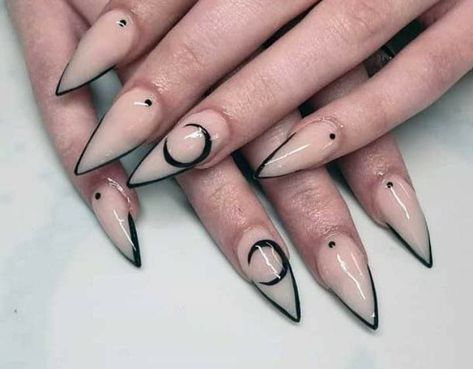 Crescent Moon On Nails, Goth Stilleto Nails Designs, Gothic French Nails, Nail Ideas Witchy, Nude Witchy Nails, French Top Nail Designs, All Black Nails With Design, Witchy Nails Acrylic, Gothic Nails Designs