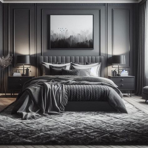 Black and Grey Bedroom Bedroom Ideas With Gray Furniture, Grey Contemporary Bedroom, Modern Queen Bedroom Ideas, All Grey Bedroom, Light Grey Bed Frame Bedroom Ideas, Charcoal Accent Wall Bedroom, Dark Gray Walls Bedroom, Charcoal Grey Bedroom, Gray Black Bedroom