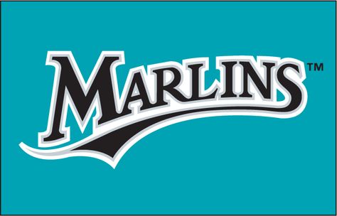 Florida Marlins Wordmark Logo (1994) - (BP) Marlins in black with silver and white outlines on teal Minimal Shirt Design, Marlins Baseball, Baseball Teams Logo, Mlb Team Logos, Florida Marlins, Wordmark Logo, Mlb Logos, Classic Cartoon Characters, Word Mark Logo