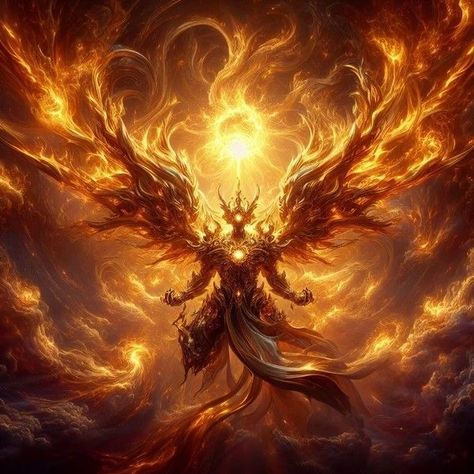 God Of Stars, God Of Strength Fantasy Art, Phoenix Knight Fantasy Art, God Of The Sun Fantasy Art, Fire Deity Concept Art, Fire Angel Fantasy Art, Golden Angel, Anime Elf, Phoenix Art