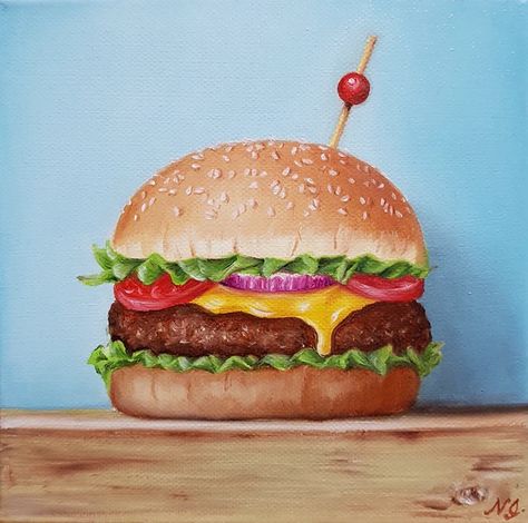 Burger Drawing, Burger Art, Oil Painting Inspiration, Cheese Burger, Cupcake Art, Food Painting, Painting Subjects, Still Life Oil Painting, Still Life Art