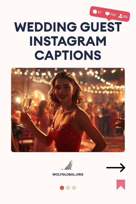 A smiling woman in a red dress holding a champagne glass at a wedding party.
Graphic checklist of fun wedding guest activities and moods with emojis and a call-to-action button.
Woman with laptop surrounded by social media icons, advertisement for an Instagram engagement pod. Wedding Pics Captions For Instagram, Wedding Guest Captions Instagram, Insta Captions For Wedding Pics, Wedding Vibes Captions, Wedding Captions For Instagram Guest Funny, Wedding Guest Captions, Slay Captions, Funny Wedding Captions, Caption For Friends