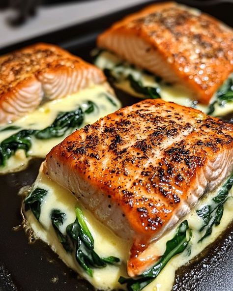 Salmon Stuffed With Spinach, Salmon With Spinach, Salmon Stuffed, Gordon Ramsay Recipe, Blackened Salmon, Easy Pork Chop Recipes, 3 Ingredient Recipes, Fresh Spinach, Grandmas Recipes