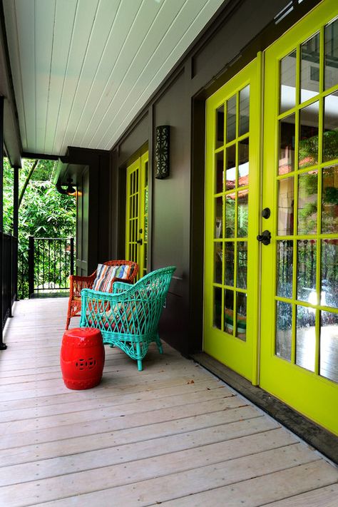 Porch by Greymark Construction Company | eclectic exterior | green and brown color combo Eclectic Porch, Painted Exterior Doors, Siding Ideas, Grey Siding, Entry Ideas, Door Colors, Artists Studio, Yellow House, Exterior Front Doors