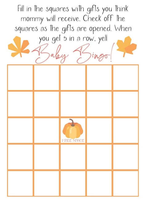 "Baby Bingo" fall theme pumpkin Baby Shower gift opening Game Twin Baby Shower Ideas Fall, Fall Baby Shower Activities, Fall Baby Shower Games, Pumpkin Baby Shower Games, Pumpkin Theme Baby Shower, Lil Pumpkin Baby Shower, November Baby Shower, Fall Baby Shower Game, Adoption Shower