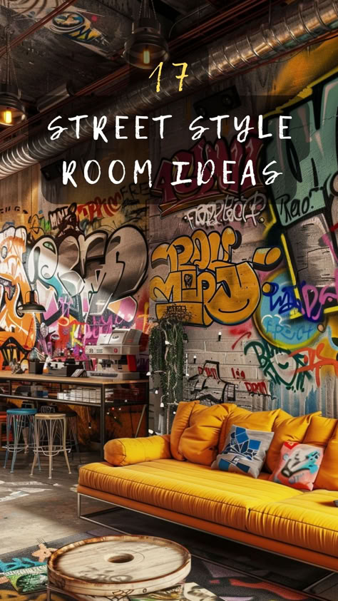 Unleash your room's urban cool! 🏙️🛋️ Click to explore 17 street-style room ideas that transform spaces into trendy havens. Get inspired now! #StreetStyleRoom #UrbanCool #RoomTransformation #TrendyHavens #SpaceElevation Graffiti Decor Interior Design, Street Decoration Ideas, Street Style Decor, Street Style Room Decor, Graffiti Room Decor, Street Art Living Room, Urban Living Room Ideas, Punk Interior Design, Cyberpunk Cafe