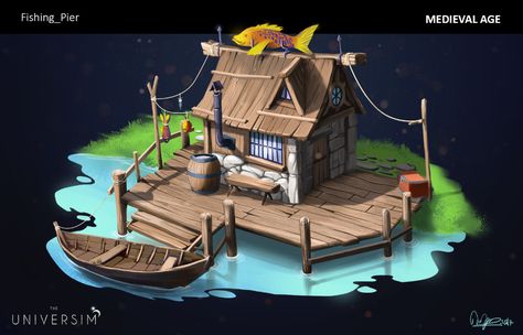 Martin Fyris - Fishing hut House Near Water, Beach Props, Fish Hut, Fishing Dock, Fishing Cabin, Minecraft Cottage, Fantasy Concept, Minecraft Plans, Cartoon Fish