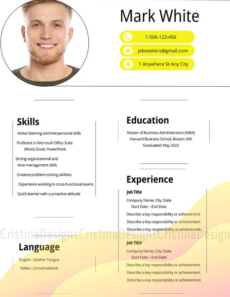 This sleek and modern resume design features a clean layout with bold headings, organized sections, and soft yellow highlights for a professional touch. Perfect for job seekers aiming to stand out, it includes dedicated sections for:

✔️ Contact Information
✔️ Skills & Languages
✔️ Education
✔️ Work Experience

The design balances aesthetics and functionality, making it both visually appealing and easy to read. #ResumeDesign #ProfessionalTemplate #JobSearchEssentials Modern Resume Design, Yellow Highlights, Masters In Business Administration, Creative Problem Solving, Interpersonal Skills, Harvard Business School, Time Management Skills, Modern Resume, Job Seekers