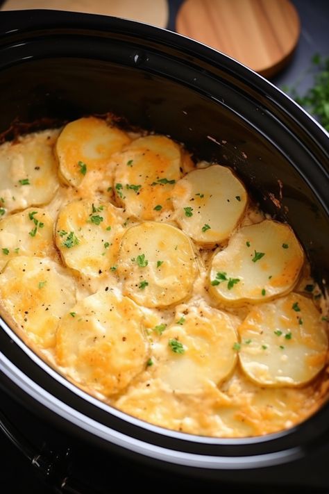 Slow Cooker Scalloped Potatoes Scalloped Potatoes Crockpot, Slow Cooker Scalloped Potatoes, Crockpot Dinners, Hearty Casseroles, Scalloped Potato Recipes, Crunchy Pecans, Scalloped Potatoes, Peeling Potatoes, Butter Pecan